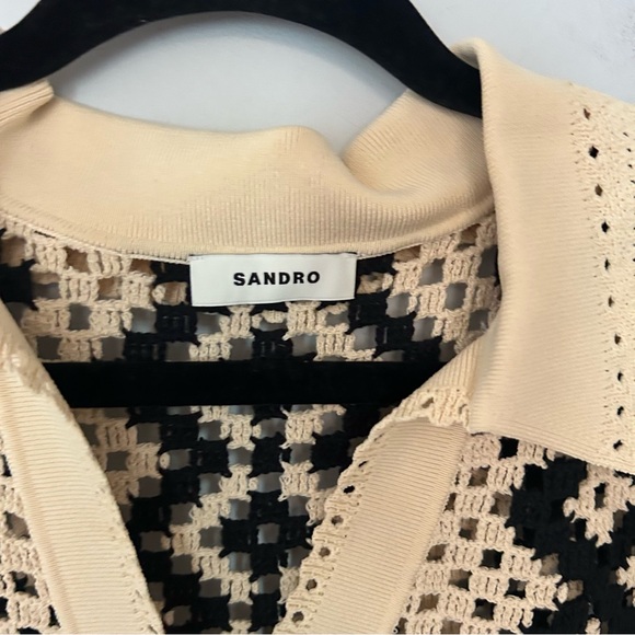 SANDRO Women’s Carla Crochet Short Sleeve Shirt Black & Cream - Picture 3 of 9